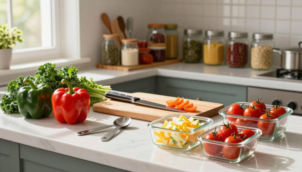 A beautifully arranged kitchen countertop brimming with vibrant, healthy meal prep ingredients. In the foreground, an assortment of fresh vegetables such as bell peppers, kale, and cherry tomatoes are neatly chopped and placed in glass containers. The middle ground features cooking utensils like a wooden cutting board, a chef’s knife, and measuring spoons artfully laid out. Soft, natural lighting streams in from a nearby window, casting warm, inviting shadows across the scene. In the background, organized shelves display various spices and mason jars filled with grains, suggesting a well-prepared kitchen atmosphere. The overall mood is inspiring and fresh, highlighting the joy of cooking and healthy eating.