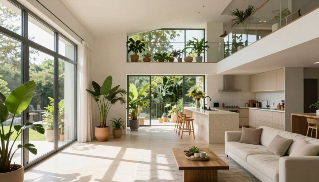 A bright and airy room featuring an innovative home renovation design that maximizes natural light and ventilation. In the foreground, large, energy-efficient windows allow sunlight to stream in, illuminating a minimalist living area with modern furniture. Lush indoor plants are strategically placed to enhance air quality, while open spaces promote airflow. In the middle, a stylish open-plan kitchen connects seamlessly with the living area, showcasing light-colored cabinets and natural stone countertops. The background displays a balcony with glass railings, filled with greenery, inviting fresh air. Soft, natural lighting gives the scene a warm, inviting atmosphere, while an inspiring, tranquil mood reflects a healthy living environment. The perspective is wide-angle to capture the expansive feel of the space.