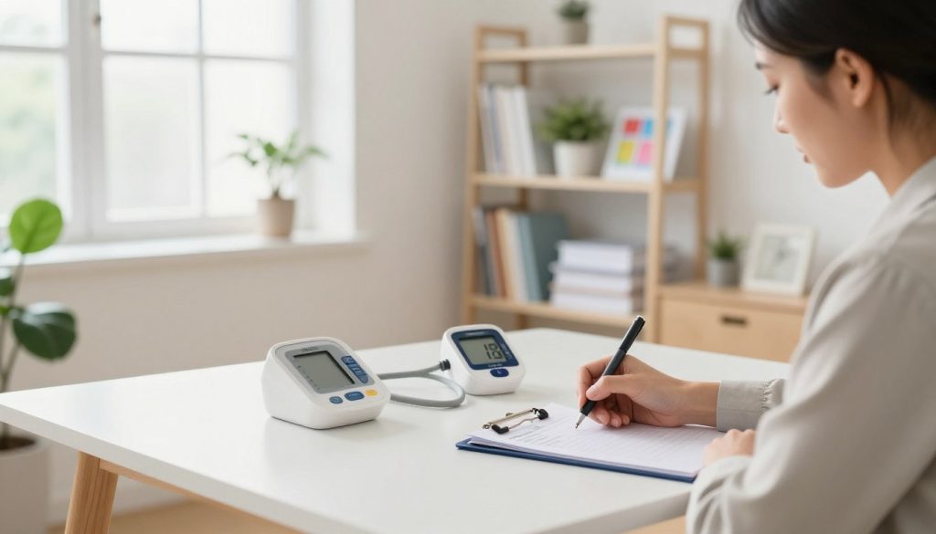 A bright and inviting home wellness diagnostics setup, featuring an organized table with various health monitoring devices such as a blood pressure monitor, a glucometer, and a pulse oximeter. In the foreground, a person in professional business attire is attentively taking notes on a clipboard, displaying a focused expression. The middle ground includes a neatly arranged shelf with wellness literature, colorful charts, and plants for a calming atmosphere. The background captures soft natural light streaming through a large window, illuminating the room’s light-colored walls and minimalist decor, creating a serene environment. The mood is one of professionalism and tranquility, ideal for a home wellness lab.