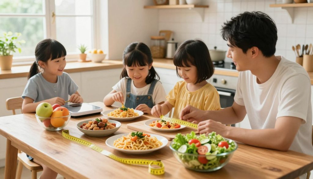 A bright and inviting kitchen scene showcasing a variety of food items arranged on a wooden table to illustrate portion size comparison. In the foreground, an assortment of dishes contains different serving sizes: a small bowl of fruits, a medium plate of pasta, and a large platter of salad. A measuring tape and a scale are subtly placed nearby to emphasize the concept of portioning. In the middle ground, a family of four, dressed in casual, modest clothing, is happily engaged in measuring and discussing the food items, conveying a sense of collaboration and curiosity. The background features cheerful kitchen decor and natural sunlight streaming through a window, creating a warm and engaging atmosphere. The camera angle is slightly elevated, focusing on the interaction and food, highlighting the playful, experimental nature of nutrition education.