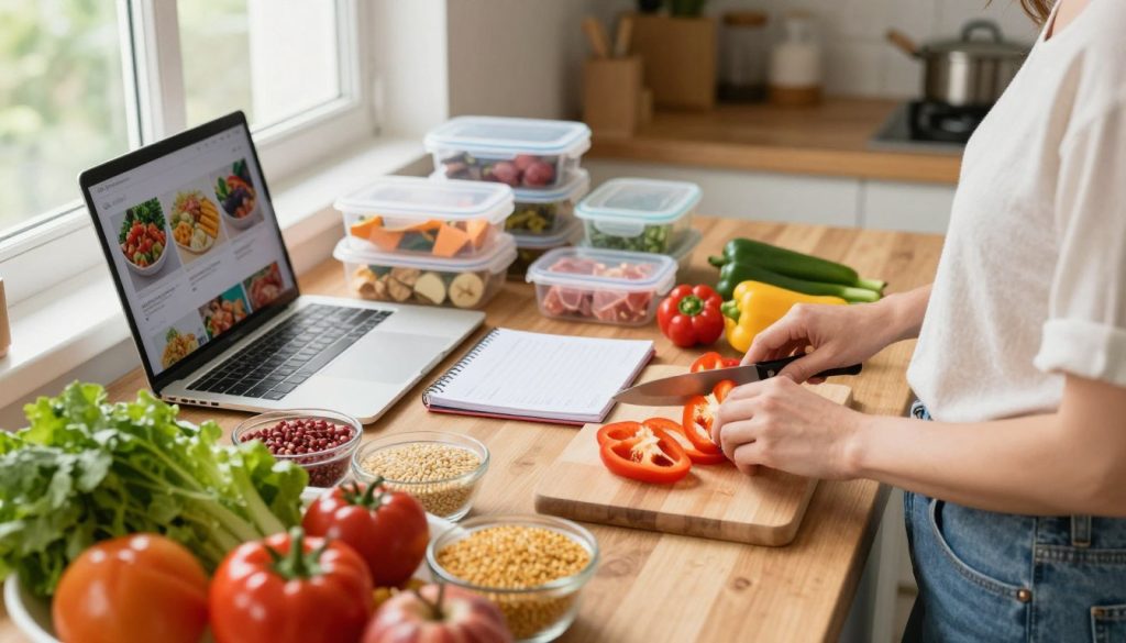 A bright and inviting kitchen scene showcasing meal planning and preparation, featuring a wooden countertop filled with colorful fresh vegetables, grains, and lean proteins. In the foreground, a woman in modest casual clothing carefully chops bell peppers with a sharp knife, exuding focus and determination. The middle layer includes a planner and a variety of meal prep containers neatly arranged beside a laptop displaying healthy recipes. In the background, a window floods the space with natural light, creating a warm and energizing atmosphere. The angle captures the essence of a productive culinary workspace, emphasizing organization and healthy eating habits, inspiring viewers to embrace food habit improvement strategies for better health.