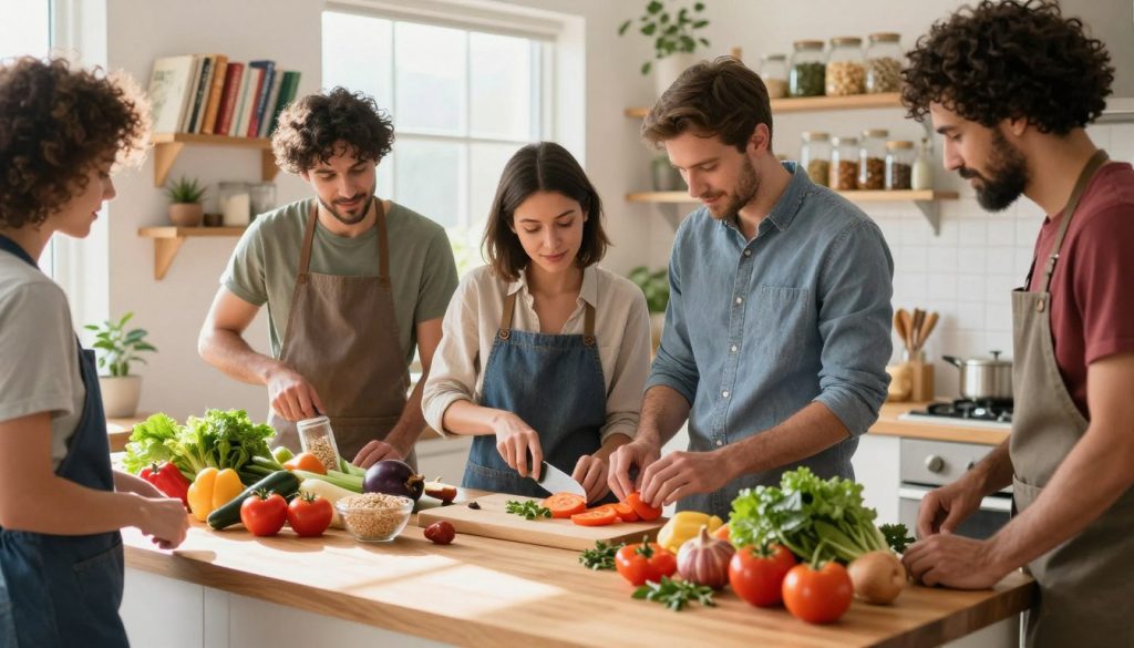 A bright and inviting kitchen setting where a diverse group of individuals in professional casual clothing are engaged in testing healthy recipes. In the foreground, a wooden countertop displays beautifully arranged colorful ingredients like fresh vegetables, whole grains, and herbs. In the middle ground, a woman is carefully chopping vegetables while a man measures out spices, both focused on their task. Light streams in from a large window, casting soft, warm shadows across the scene. The background features shelves stocked with cookbooks and jars filled with ingredients, contributing to a homey atmosphere. The overall mood is collaborative and energetic, reflecting the excitement of experimenting with new dishes. The image should be sharp, well-lit, and vibrant, emphasizing the joy of cooking healthy meals.