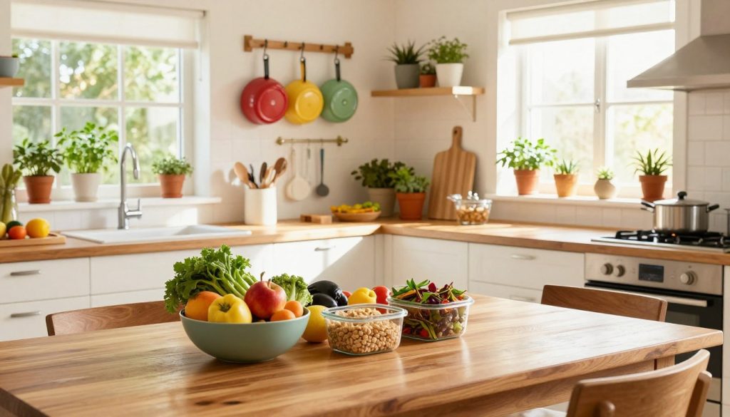 A bright, inviting kitchen transformed into a healthy cooking space. In the foreground, a polished wooden table displays fresh fruits, vegetables, and wholesome ingredients in beautiful containers. The middle layer showcases a modern, well-organized kitchen with colorful cookware hanging neatly on wall hooks and a clean countertop with a cutting board. In the background, sunlit windows let in warm, natural light, illuminating potted herbs on the sill. The overall atmosphere is cheerful and motivating, reflecting a healthy lifestyle. Capture this scene with a wide-angle lens to emphasize the spaciousness and warmth of the kitchen environment, ensuring a vibrant color palette that promotes wellness and family togetherness.