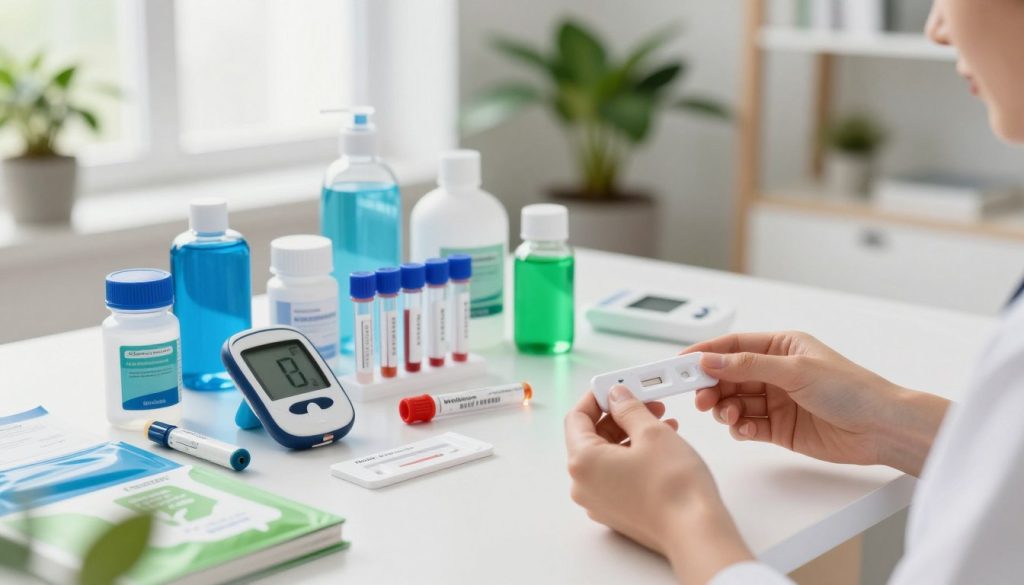 A bright, modern home wellness lab setting, showcasing an organized table covered with various wellness lab test kits, such as blood glucose monitors, hormone test tubes, and at-home diagnostic devices. In the foreground, a pair of hands gently holding a test kit, showcasing its user-friendly design. The middle ground features neatly arranged lab supplies, with vibrant colors like blue and green to convey health and vitality. In the background, soft natural light pours in through a window, illuminating potted plants that enhance the calming atmosphere. A contemporary decor style, emphasizing cleanliness and professionalism, combined with a sense of tranquility and empowerment, reflects the importance of taking control of personal health at home.