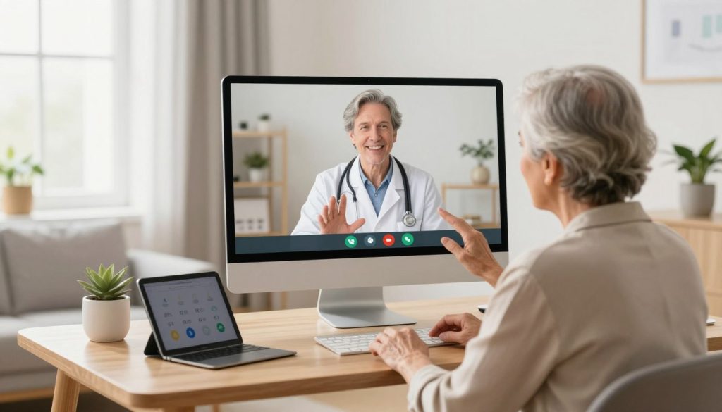 A bright, modern telehealth consultation scene featuring a well-dressed healthcare professional in a virtual meeting with an elderly patient, depicted on a computer screen. In the foreground, an inviting home office space with a stylish desk and comfortable chair, adorned with health-related gadgets and tablets, showcases a warm atmosphere. The middle layer highlights the interaction, with the healthcare professional gesturing towards the screen, displaying a friendly demeanor. In the background, soft lighting from a nearby window creates a serene environment, enhancing clarity and focus. The overall mood is one of reassurance and professionalism, emphasizing trust in daily home health services. The angle captures the engagement, ensuring the image remains clean, polished, and free of any text or distractions.