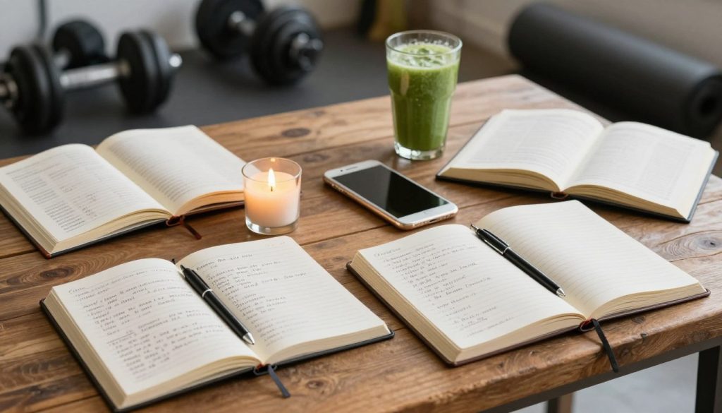 A collection of fitness journals displayed on a rustic wooden table, open to various pages showing handwritten workout routines, progress charts, and motivational quotes. The foreground features a sleek black pen next to the journals, while a gently lit candle adds a warm glow. In the middle, a smartphone can be seen next to a green smoothie, symbolizing a balanced lifestyle. The background presents soft-focus gym equipment, like dumbbells and a yoga mat, to create a fitness atmosphere. The lighting should be soft and inviting, radiating a serene yet motivated mood, captured from a slightly elevated angle to showcase the details within the journals.