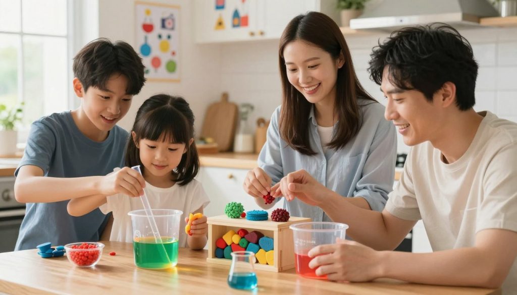 A colorful and engaging family setting with parents and children engaged in various interactive experiments. In the foreground, a father and his young daughter mix colorful liquids in transparent containers, showcasing a vibrant chemical reaction. In the middle ground, a mother and her teenage son work together on a tactile challenge, feeling and identifying different textured objects in closed boxes. The background features a cozy kitchen with fun posters about science, and natural sunlight streaming through a window, creating a warm and inviting atmosphere. The scene should capture a sense of joy, curiosity, and collaboration as the family explores exciting sensory challenges together. Soft, bright lighting enhances the cheerful mood, and the focus should be on the family’s joyful expressions and the colorful materials they are using.