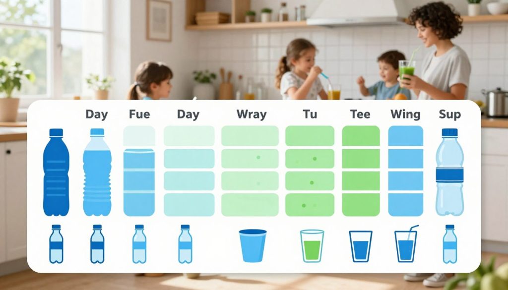 A colorful hydration tracking chart displayed prominently, featuring a well-organized layout. In the foreground, vibrant icons represent daily water intake—like water bottles and glasses—each filling up gradually throughout the week. The middle section showcases a grid with clearly marked days and corresponding water levels, using an engaging color palette of blues and greens. In the background, a cheerful kitchen setting with natural light streaming in, highlighting a family busy preparing healthy drinks, symbolizing collaboration and fun in nutrition. The atmosphere is lively and inviting, emphasizing the importance of hydration in a wholesome family environment.