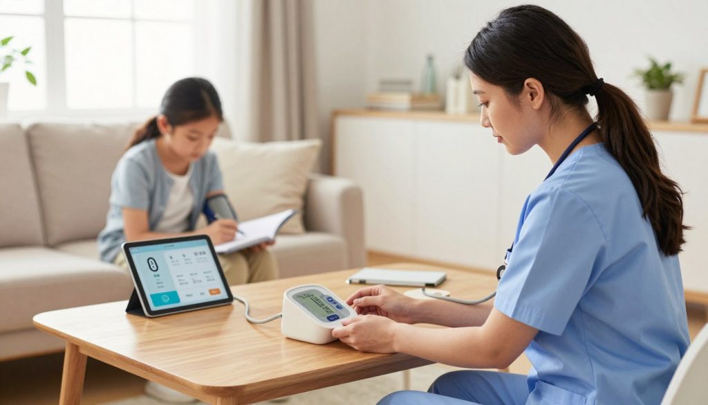 A cozy and well-lit home interior showcasing the installation of health monitoring devices. In the foreground, a healthcare technician in professional attire is carefully setting up a digital blood pressure monitor on a wooden coffee table. In the middle ground, a family member watches attentively, taking notes, while a smart health device displays their data on a tablet. The background features a bright living room with calming colors, a comfy couch, and a window letting in natural light, creating a warm atmosphere. The scene conveys a sense of professionalism and trust, emphasizing the importance of effective home health system setup. The angle is slightly elevated, capturing both the technician’s actions and the family member's engagement, with soft, diffused lighting to enhance the overall inviting mood.