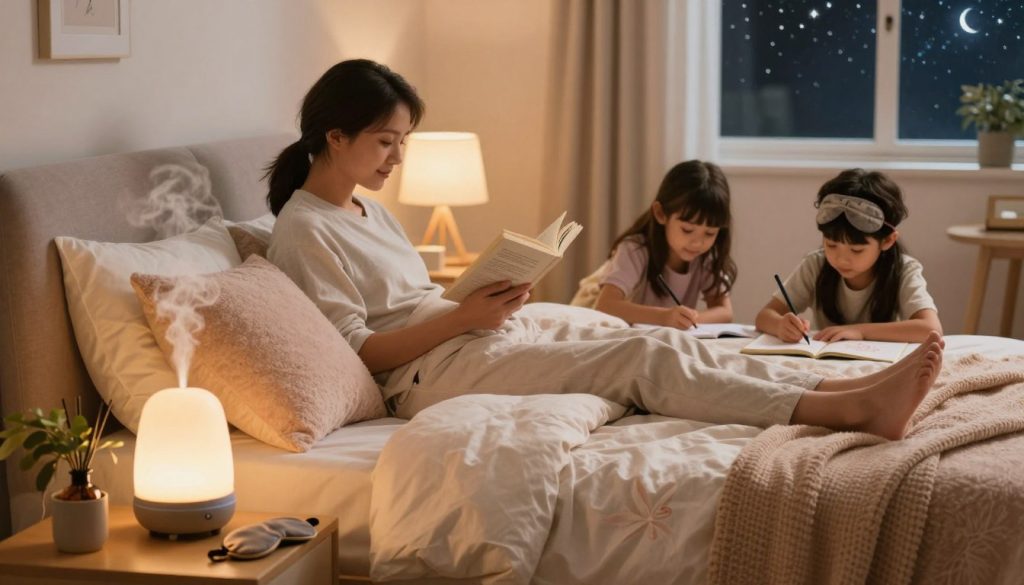 A cozy, inviting bedroom scene showcasing sleep hygiene tips. In the foreground, a neatly made bed with soft, pastel-colored bedding and fluffy pillows. On the bedside table, an essential oil diffuser emits gentle vapor, surrounded by a small plant and a sleep mask. In the middle ground, a family of four, dressed in modest, casual clothing, are engaged in relaxing activities: one parent reading a sleep hygiene book, while the children are playfully arranging calming bedtime routines like journaling and drawing. The background features warm, soothing ambient lighting, with a window showing a starry night sky. The overall atmosphere conveys tranquility and warmth, emphasizing the importance of nurturing a peaceful sleep environment.