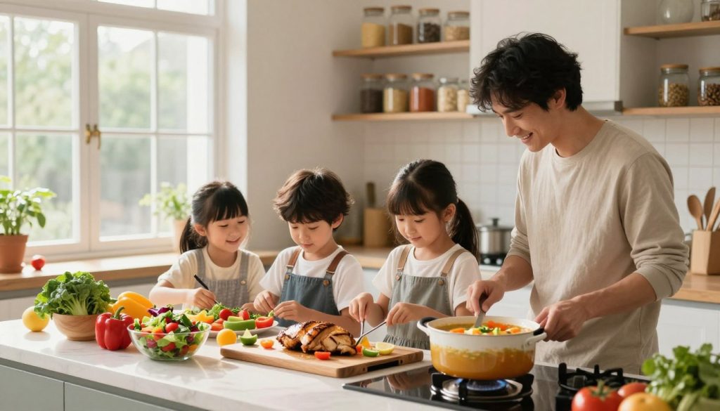 A cozy kitchen setting filled with warm, natural light streaming through a large window. In the foreground, a family of four is engaged in cooking together, wearing casual but tidy clothing, showcasing teamwork and joy. They are preparing a vibrant, colorful spread of nutritious recipes: a fresh salad with bright greens, cherry tomatoes, and colorful bell peppers, grilled chicken on a cutting board, and a pot of wholesome vegetable soup simmering on the stove. The middle ground features fresh ingredients like fruits and vegetables artfully arranged around the countertop, hinting at health-conscious meals. The background shows neatly organized kitchen shelves with jars of wholesome grains and spices, enhancing the atmosphere of a healthy eating journey. The mood is upbeat and nurturing, conveying a sense of togetherness and commitment to wellness.