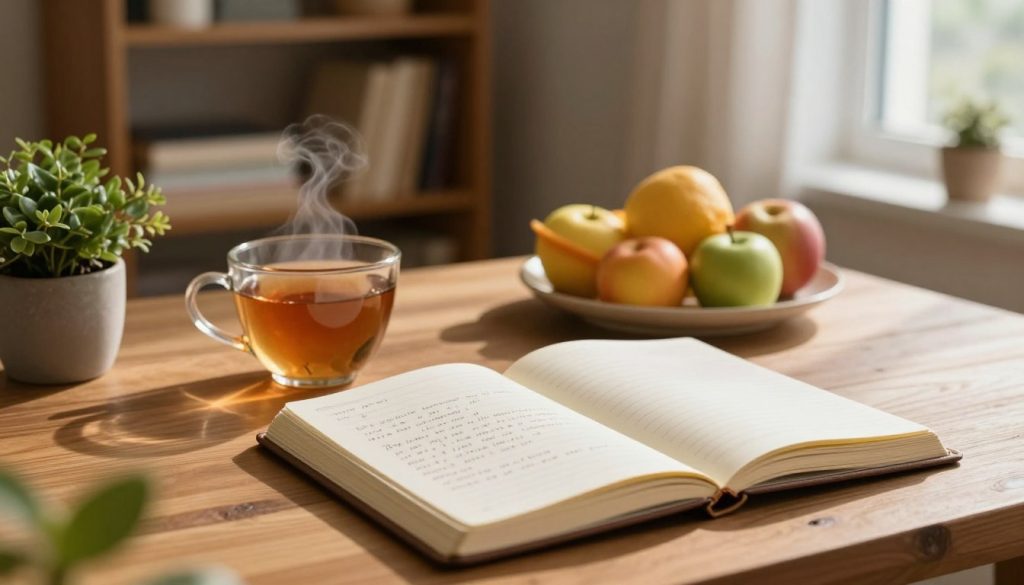 A cozy, tranquil indoor scene featuring a wooden table adorned with an open gratitude journal, its pages filled with handwritten notes. A soft, warm light filters in through a nearby window, casting gentle shadows and creating an inviting atmosphere. In the foreground, a steaming cup of herbal tea rests beside the journal, and a small potted plant adds a touch of greenery. The middle ground showcases a plate of fresh fruit, symbolizing wellness. In the background, a blurred bookshelf filled with wellness books and faintly lit candles completes the environment. The overall mood is serene and reflective, evoking a sense of peace and mindfulness focused on mental wellness. Use a soft focus with a shallow depth of field to enhance the intimate feeling of the scene.