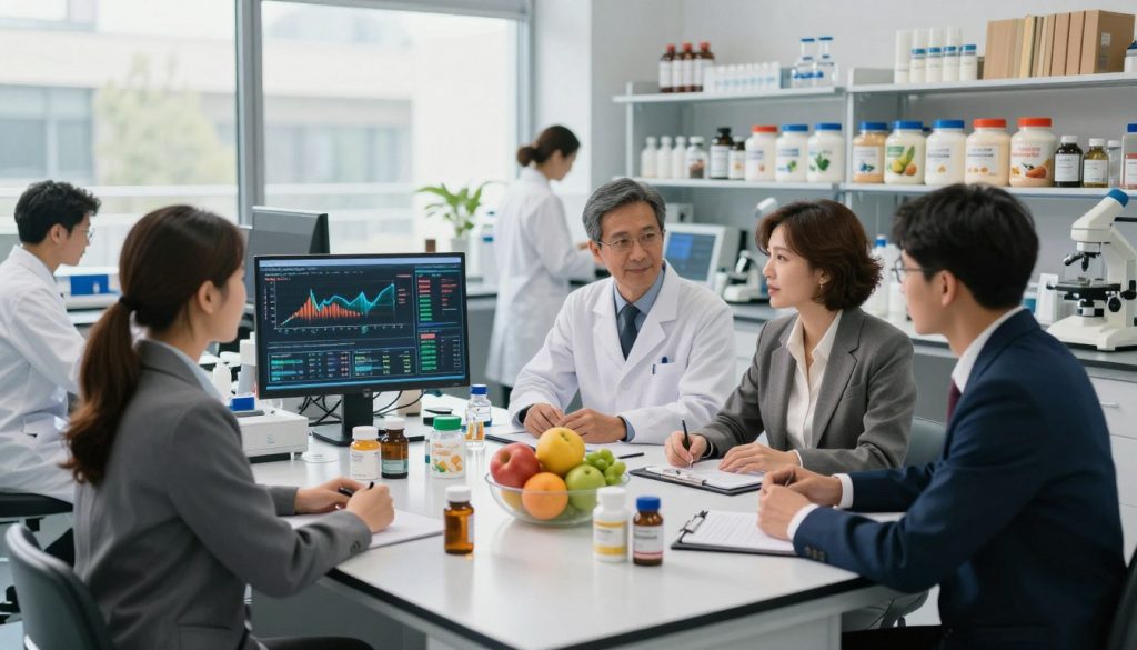 A modern laboratory setting focused on physical health and nutrition trials. In the foreground, a diverse group of professionals in professional business attire are engaged in a collaborative discussion around a sleek, high-tech table filled with colorful fruits, nutritional supplements, and lab equipment. In the middle ground, researchers analyze data on digital screens displaying graphs and health metrics. The background features shelves stocked with plant-based proteins and health books. Soft, natural light streams in from large windows, creating a warm and inviting atmosphere. The perspective is slightly angled, capturing both the lively interaction and the organized workspace, emphasizing innovation and wellness. The overall mood is optimistic and focused, reflecting a commitment to improving physical health.