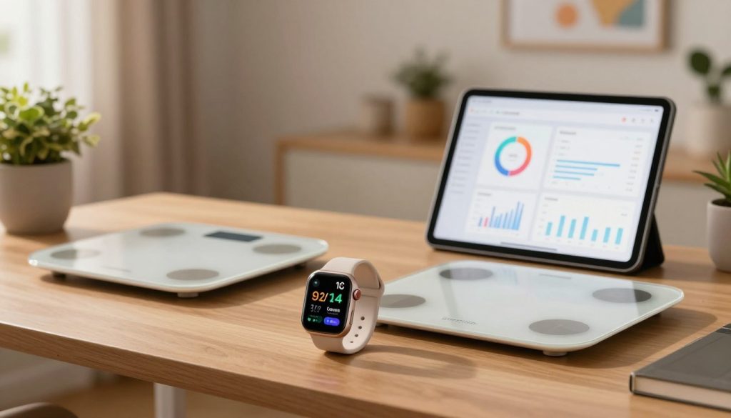 A modern workspace displaying various health tracking tools, including a sleek smartwatch, a digital fitness scale, and a health monitoring app open on a tablet. In the foreground, the smartwatch emits a soft glow, reflecting an array of health statistics. The middle ground features the tablet with an engaging interface showcasing graphs and health metrics, while the smart scale has a minimalist design with a clear digital display. In the background, a softly lit home office setting with plants and motivational decor enhances a calm, inspiring atmosphere. Use warm lighting to evoke a sense of positivity and motivation, captured with a slight depth of field to emphasize the foreground devices. The overall mood should convey a sense of empowerment and focus on self-health monitoring.