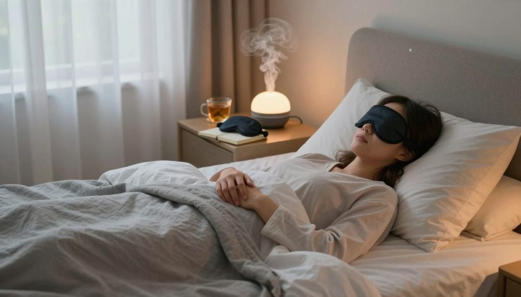 A serene bedroom setting designed for sleep experiments, featuring a stylish bed with soft, inviting blankets in calm colors. In the foreground, a person dressed in comfortable, modest loungewear is relaxing on the bed, surrounded by pillows and a cozy ambiance. In the middle, a bedside table holds various sleep aids such as a journal, a sleep mask, herbal tea, and a gentle diffuser emitting soothing mist. The background displays large windows with sheer curtains softly filtering warm moonlight, creating a tranquil atmosphere. The scene exudes a sense of peace and wellness, encouraging healthy sleep habits. The lighting is soft and warm, enhancing the calming mood, with a shallow depth of field that focuses on the foreground subject.