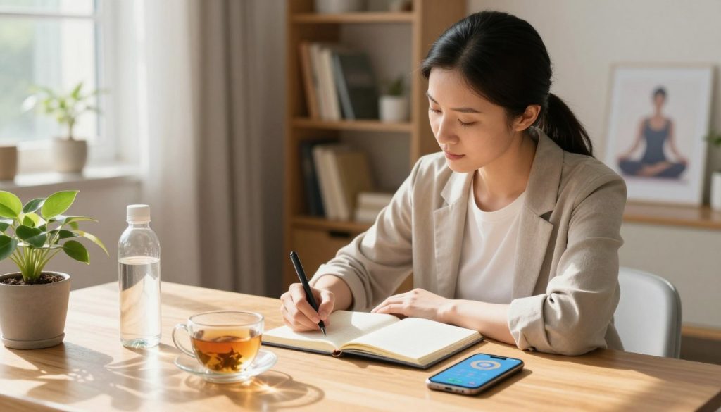 A serene home setting depicting a woman in professional casual attire, sitting comfortably at a wooden table with a notebook and a cup of herbal tea. She is thoughtfully journaling her daily health check-ins, with a health tracking app open on her smartphone beside her. In the foreground, various wellness items like a potted plant and a water bottle are visible. The middle ground shows a softly lit room with bright sunlight filtering through a window, casting warm shadows. In the background, calming elements like a bookshelf filled with health books and a softly spoken meditation print can be seen. The overall mood is tranquil and encouraging, emphasizing a routine of self-care and mindfulness. The composition is created with a slight depth of field, focusing on the subject, creating an atmosphere of peace and reflection.