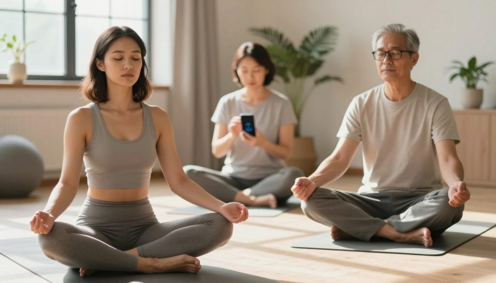 A serene indoor setting with a diverse group of three individuals practicing mindfulness through meditation. The foreground features a young woman with medium-length hair seated in a relaxed cross-legged position on a soft mat, wearing comfortable, modest activewear. Beside her, an older man with glasses sits in a similar pose, exuding tranquility. In the middle ground, another individual, a middle-aged woman, gently uses a meditation app on her smartphone while seated. Soft natural light filters through a nearby window, casting gentle shadows, creating a sense of calm. In the background, subtle elements such as indoor plants and soothing colors contribute to a peaceful atmosphere, reminiscent of a wellness space. The overall mood is one of tranquility and mindfulness, inviting viewers to reflect on their own wellness journeys.