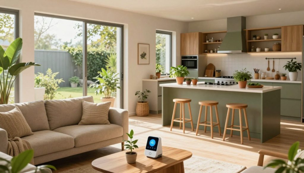 A serene interior of a modern sustainable home, showcasing eco-friendly solutions for toxin reduction. In the foreground, a tidy living space features a comfortable couch adorned with natural fabrics, a small indoor plant filtering air, and smart home technology on a wooden coffee table. The middle ground includes large windows allowing sunlight to stream in, illuminating the open layout that promotes airflow. Green accents, such as potted herbs on the kitchen counter, enhance the atmosphere. In the background, a well-organized kitchen displays eco-conscious appliances and recycled materials. The lighting is warm and inviting, captured from a slightly elevated angle to emphasize spaciousness. The mood is tranquil, promoting a sense of health and well-being within this green sanctuary.