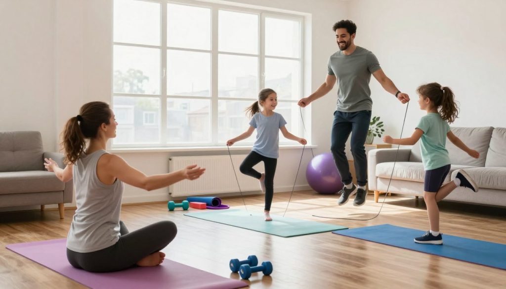 A vibrant family in a cozy living room engaged in various fitness experiments together. In the foreground, a mother is leading a yoga session on a colorful mat while a father cheerfully jumps rope in activewear. Two children, wearing comfortable workout clothes, are playfully performing a balance exercise on one leg. In the middle background, a few fitness props like dumbbells, resistance bands, and yoga blocks are scattered around, highlighting a fun and dynamic environment. Bright, natural light floods the room through a large window, creating an inviting and energetic atmosphere. The scene captures joy, togetherness, and active participation, showcasing a variety of wellness activities that promote movement and exercise.