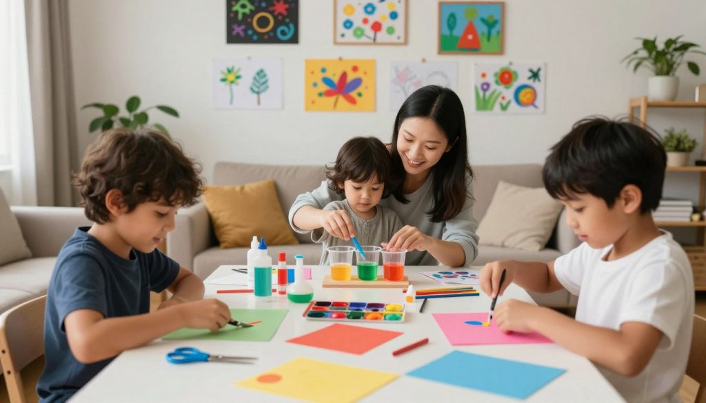A vibrant family scene showcasing creative lifestyle projects, set in a cozy living room filled with natural light. In the foreground, two children are engaged in making colorful crafts, surrounded by scissors, glue, and art supplies strewn across a large table. In the middle, a parent guides a toddler in a fun DIY science experiment with visually striking materials, like colorful liquids in clear containers. The background features a wall adorned with finished artwork, including drawings and crafts, enhancing the creative atmosphere. Soft, warm lighting creates an inviting mood, with a wide-angle perspective to capture the energy and teamwork involved. The family members are dressed in comfortable, modest casual clothing, with smiling faces reflecting joy and engagement in their projects.