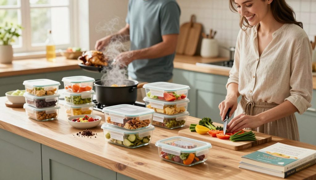 A vibrant kitchen scene filled with colorful meal prep containers, neatly organized on a wooden countertop. In the foreground, a smiling woman in modest casual clothing is chopping fresh vegetables, while a man is grilling chicken in the background. The middle of the image showcases various pre-prepared meals in clear glass containers, with labels, steam rising from a pot, and spices arranged artfully nearby. Soft, natural sunlight filters through a window, creating a warm and inviting atmosphere. Cookbooks are stacked on the counter, hinting at family meal optimization strategies. The lens captures the scene from a slightly elevated angle, emphasizing the organized chaos of family cooking. The mood is energetic yet calm, reflecting a harmonious family environment focused on efficient meal preparation.