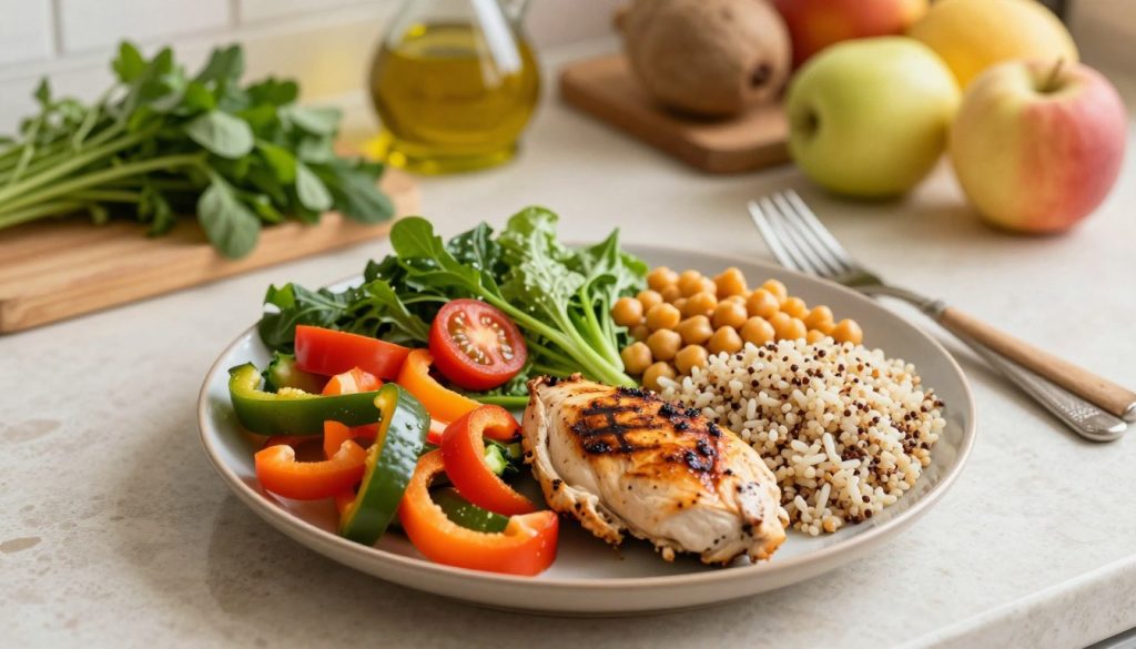 A visually appealing, balanced plate filled with a variety of whole foods illustrating the Healthy Plate Method. In the foreground, showcase a dinner plate divided into sections: half filled with colorful vegetables like leafy greens, cherry tomatoes, and bell peppers; a quarter with a lean protein like grilled chicken or chickpeas; and a quarter with whole grains like quinoa or brown rice. The middle ground features a soft table setting with natural utensils, enhancing the wholesome vibe. In the background, a rustic kitchen counter with fresh herbs, olive oil, and whole fruits creates an inviting atmosphere. Use warm, soft lighting to evoke a sense of health and comfort, shot from a slight overhead angle to emphasize the plate's arrangement and colors. The mood is optimistic and inviting, perfect for promoting healthy eating habits.