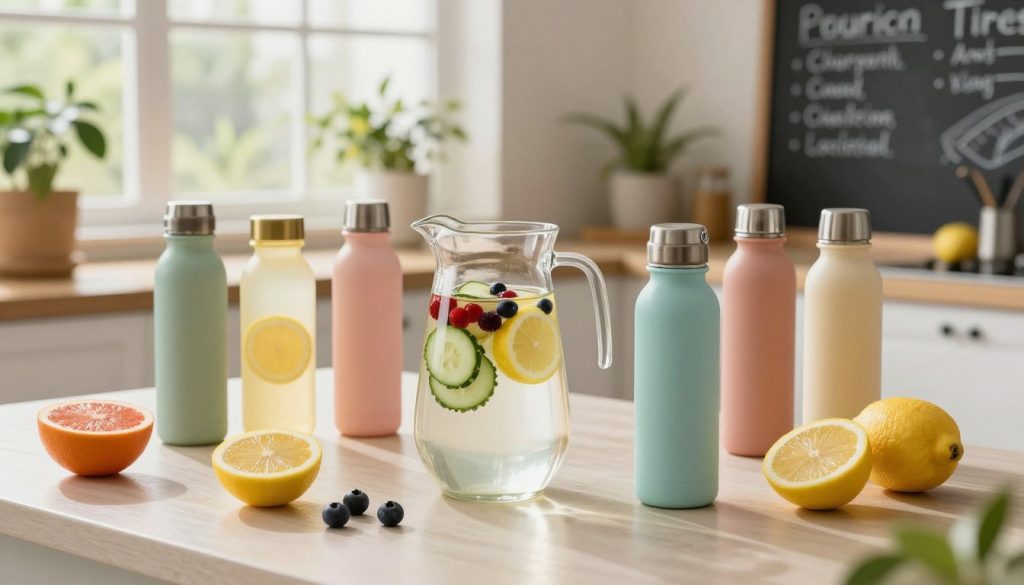 A visually engaging scene depicting hydration tips for a healthy lifestyle. In the foreground, an assortment of colorful hydration options, including a stylish glass pitcher filled with infused water (cucumbers, lemons, and berries), reusable water bottles made from eco-friendly materials, and vibrant fruit slices scattered artfully. The middle ground features a serene kitchen environment with plants and natural light streaming in through a window, creating an inviting atmosphere. In the background, hints of a chalkboard wall displaying hand-drawn hydration tips, emphasizing a home experiment vibe. Soft, warm lighting enhances the setting, evoking feelings of health and wellness. The camera angle is slightly elevated, offering a bird's-eye view that captures the entire arrangement harmoniously.