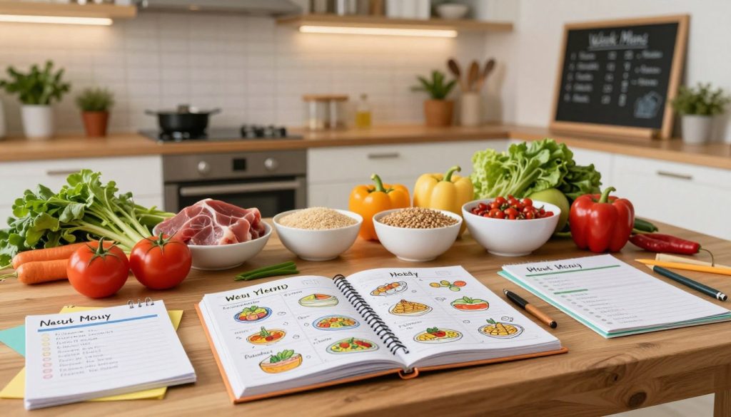 A well-organized kitchen workspace featuring a wooden table strewn with colorful meal planning materials. In the foreground, a stylish meal planner notebook is open with hand-drawn weekly menus filled with various dishes, next to fresh vegetables and handwritten recipe cards. The middle section shows a balanced selection of ingredients, including lean proteins, whole grains, and vibrant fruits, neatly arranged in bowls. In the background, soft kitchen lights illuminate a modern, inviting kitchen with herbs in pots and a chalkboard displaying the week's plan. The atmosphere is warm and inviting, encouraging creativity and organization in family meal planning. The scene conveys a sense of order and practicality, designed for busy families looking to streamline their cooking routines.