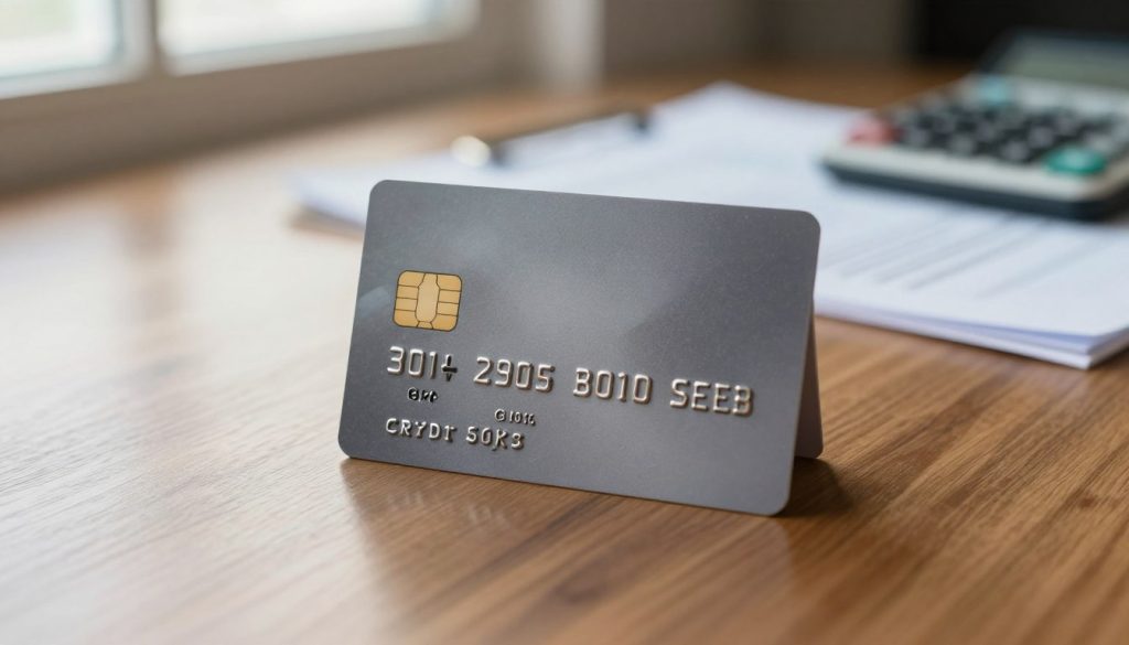 A close-up view of a secured credit card prominently displayed on a polished wooden desk, reflecting soft natural light from a nearby window. The card should feature a metallic finish, highlighting its security features like a chip and a lock symbol. In the background, slightly blurred, there are documents and a calculator to suggest a financial environment. The atmosphere is professional and inviting, evoking feelings of trust and financial stability. The lighting should create gentle shadows, enhancing the textures of the card and the desk. The camera angle is slightly elevated, capturing both the card's details and the ambient workspace, suggesting a thoughtful consideration of financial choices. A close-up view of a secured credit card prominently displayed on a polished wooden desk, reflecting soft natural light from a nearby window. The card should feature a metallic finish, highlighting its security features like a chip and a lock symbol. In the background, slightly blurred, there are documents and a calculator to suggest a financial environment. The atmosphere is professional and inviting, evoking feelings of trust and financial stability. The lighting should create gentle shadows, enhancing the textures of the card and the desk. The camera angle is slightly elevated, capturing both the card's details and the ambient workspace, suggesting a thoughtful consideration of financial choices.
