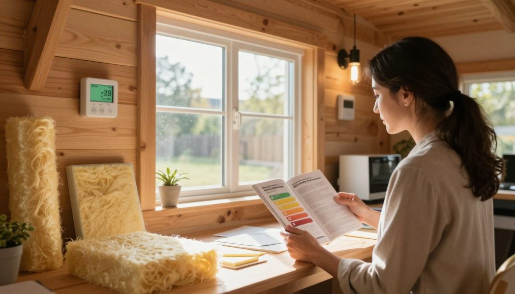 A cozy, well-insulated home interior showcasing the benefits of effective insulation for energy efficiency. In the foreground, a woman in professional attire examines an energy efficiency guide, surrounded by samples of insulation materials like fiberglass and foam. In the middle, a large window reveals a sunny day outside, contrasting with the warm, inviting interior ambiance. The background features a thermostat displaying energy savings, alongside energy-efficient appliances and LED lighting subtly illuminating the room. Soft, natural light streams in, creating a comforting atmosphere that emphasizes the connection between home insulation and energy efficiency, with a focus on warmth, comfort, and sustainability.