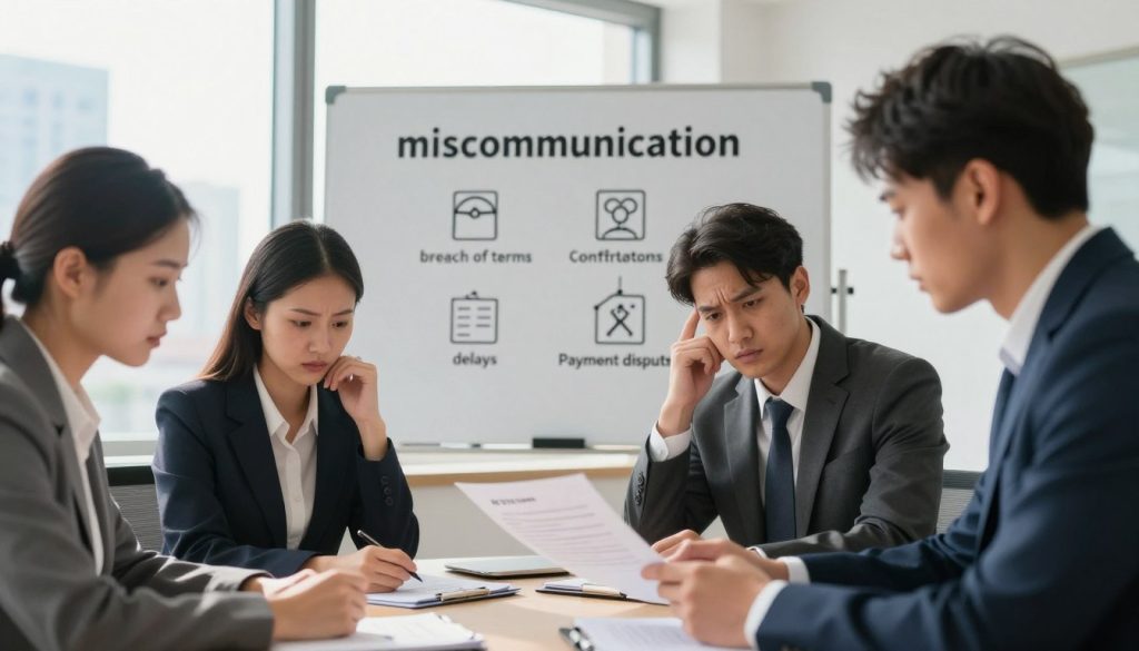 A professional meeting room setting illustrating common causes of contract disputes. In the foreground, a diverse group of four business professionals in formal attire are gathered around a conference table, looking concerned as they review a contract document. In the middle, a large whiteboard displays key issues like "miscommunication," "breach of terms," "delays," and "payment disputes" illustrated with simple icons. In the background, a window lets in natural light, casting a warm glow over the scene, while a city skyline is faintly visible outside. The overall mood is tense but focused, capturing the seriousness of contract disputes while maintaining a professional atmosphere. The image should be bright, with soft shadows and a clear depth of field to accentuate the subjects and their surroundings.