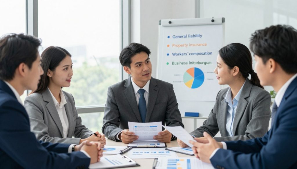 A professional office setting illustrating various types of business insurance coverage. In the foreground, a diverse group of four business professionals—two men and two women—are engaged in a discussion around a table covered with documents and charts related to insurance types, all dressed in formal business attire. In the middle ground, a whiteboard displays colorful diagrams and bullet points labeled with key coverage types: general liability, property insurance, workers' compensation, and business interruption. The background features large windows with natural light pouring in, creating a bright and inviting atmosphere. Use a depth of field effect to keep the focus on the group while slightly blurring the background, emphasizing a sense of collaboration and professionalism. A professional office setting illustrating various types of business insurance coverage. In the foreground, a diverse group of four business professionals—two men and two women—are engaged in a discussion around a table covered with documents and charts related to insurance types, all dressed in formal business attire. In the middle ground, a whiteboard displays colorful diagrams and bullet points labeled with key coverage types: general liability, property insurance, workers' compensation, and business interruption. The background features large windows with natural light pouring in, creating a bright and inviting atmosphere. Use a depth of field effect to keep the focus on the group while slightly blurring the background, emphasizing a sense of collaboration and professionalism.