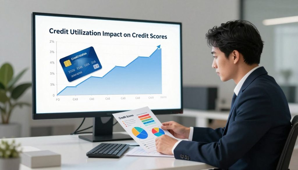 A visually impactful illustration representing the concept of "Credit Utilization Impact on Credit Scores." In the foreground, a professional sitting at a sleek desk, analyzing colorful graphs and charts depicting fluctuating percentages of credit utilization and credit scores, dressed in a smart business attire. In the middle ground, a large digital display shows a rising credit score alongside a credit card with a visible utilization ratio. The background features a modern office environment with neutral colors, soft lighting to provide a calm atmosphere, and a plant to create a refreshing vibe. The composition captures a sense of seriousness and professionalism, highlighting the importance of understanding credit utilization and its effects.